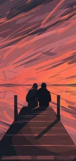 Silhouette of couple on pier with fiery sunset sky.