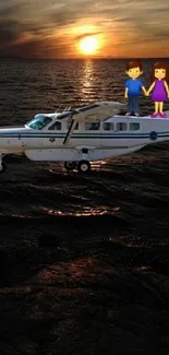 Romantic sunset plane ride over ocean scene.