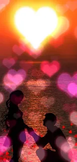 Silhouette proposal at sunset with heart glow in the sky.