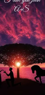 Romantic sunset proposal wallpaper with silhouettes under a tree and vibrant sky.