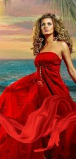 Elegant woman in red dress by the seaside at sunset, vibrant and romantic.