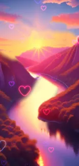 Romantic sunset over river with pink hearts and vibrant colors.