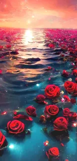 Vibrant red roses on ocean under a romantic sunset sky.