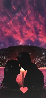 Romantic silhouette of couple under a vibrant magenta sunset.