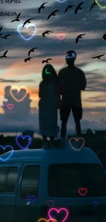 Couple silhouette with hearts and sunset in background.