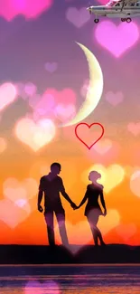 Couple silhouette with hearts at sunset.