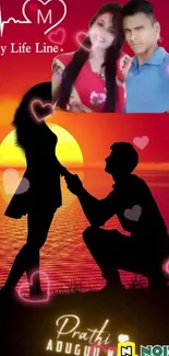 Romantic silhouette of a couple at sunset with heart designs.