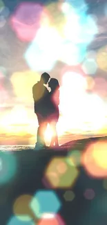 Silhouette of a couple embracing under a colorful sunset sky.