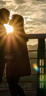 Couple embracing at sunset with a stunning background.