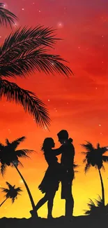 Silhouette of a couple embracing at sunset with palm trees and orange sky.