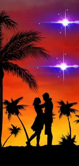 Couple silhouette at sunset with palm trees and starry sky.