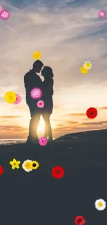 Silhouette of a couple embracing with a vibrant sunset background.