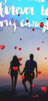 Silhouetted couple with floating hearts at sunset, romantic mobile wallpaper.