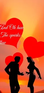 Romantic silhouette with hearts at sunset and elegant text.