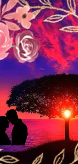 Romantic silhouette of couple at sunset with tree and floral design.