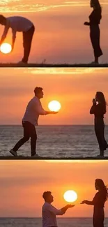 Silhouetted couple exchanging light under a vibrant sunset on the beach.