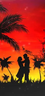 A couple's silhouette against a sunset with palm trees and vibrant colors.