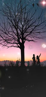 Silhouetted couple under a tree at sunset with a starry sky.