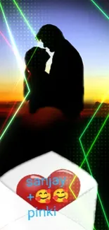 Silhouette couple with sunset and lasers in vibrant mobile wallpaper.