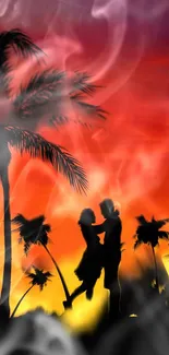 Romantic couple silhouette at sunset with palm trees and smoke effects.