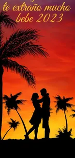 Romantic couple silhouette against an orange sunset with palm trees in the background.