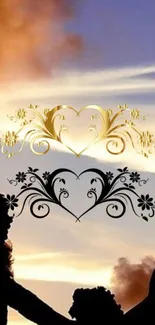 Romantic couple silhouette at sunset with floral heart designs.