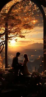 Silhouette of couple at sunset in autumn setting with orange sky.