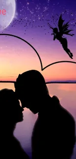 Silhouette of a romantic couple at sunset with a fairy and moon in the background.