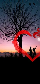 Silhouette of couple by tree at sunset with red heart in sky.