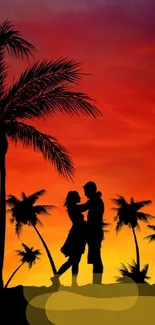 Romantic silhouette of couple at sunset with palm trees in vibrant sky.