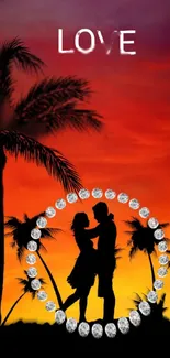 Romantic couple silhouette at sunset with diamonds and palm trees.