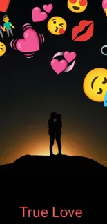 Romantic silhouette of couple at sunset with heart emojis.