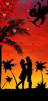 Silhouette of a couple under a sunset with hearts and palm trees.