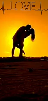 A couple's silhouette kissing at sunset with love heartbeat line.