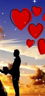 A couple's silhouette with hearts at sunset.