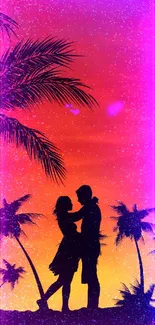 Silhouette of a couple under palm trees against a vibrant sunset and starry sky.