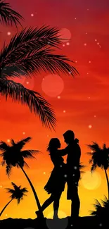 Couple silhouette under palm trees at sunset in vibrant orange hues.