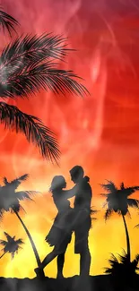 Silhouette of a couple under a vibrant sunset with palm trees.