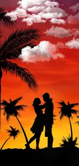 Romantic sunset wallpaper with couple and palm trees.