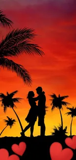 Silhouette of a couple at sunset with palm trees and hearts under an orange sky.