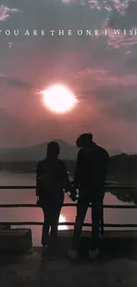 Romantic couple silhouette at sunset with a serene backdrop.