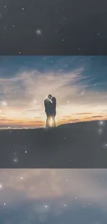 Couple silhouette at sunset with starlit sky background.