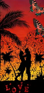 A couple silhouetted against an orange sunset with butterflies and palm trees.