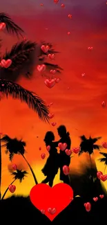 Silhouette couple against a sunset with red hearts and palm trees.