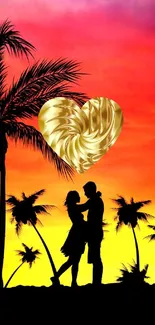 Silhouette couple with golden heart under sunset sky on mobile wallpaper.