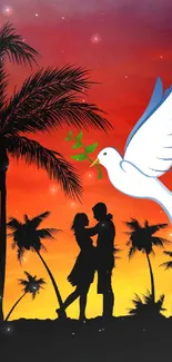 Silhouette of a couple under a sunset with palm trees and a peace dove.