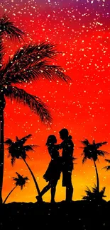 Silhouette of couple at sunset with palm trees and vibrant red sky.