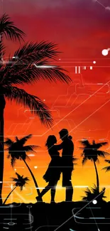 Silhouette of couple with palm trees against an orange and purple sunset.