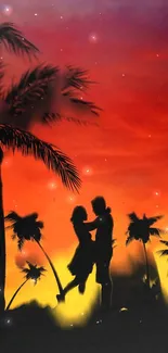 Silhouette of a couple under palm trees during a vibrant sunset with a starry sky.