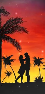 Silhouette of couple with sunset and palm trees on phone wallpaper.